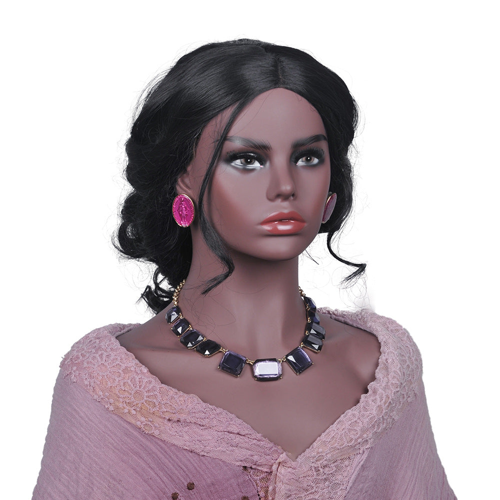 Female Half Body Mannequin, Black Skin, Double Shoulder, Jewelry Display