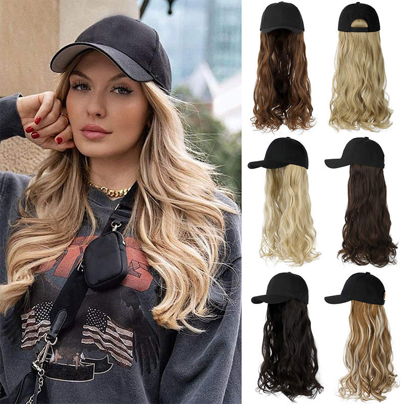 Long Wavy Curly Hair Wig Cap Natural Integrated Baseball Cap Wig in Black, Blonde, and Brown