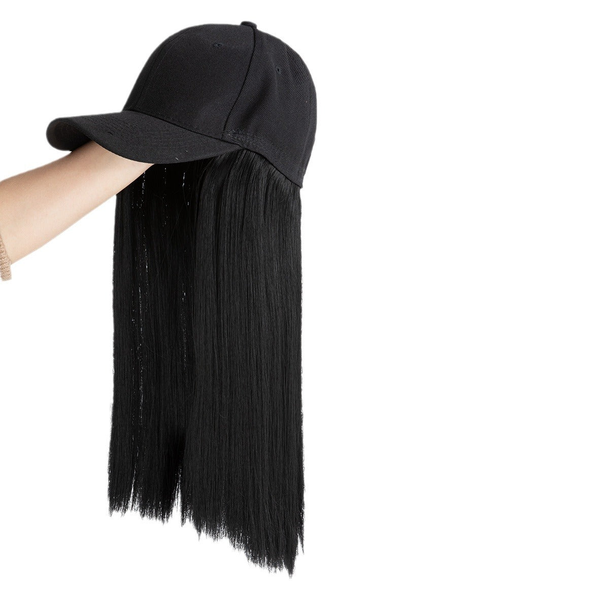 Perruque de cheveux synthétiques longue et droite pour femme avec casquette de baseball, postiche tête complète intégrée, aspect naturel - casquette noire, cheveux bruns