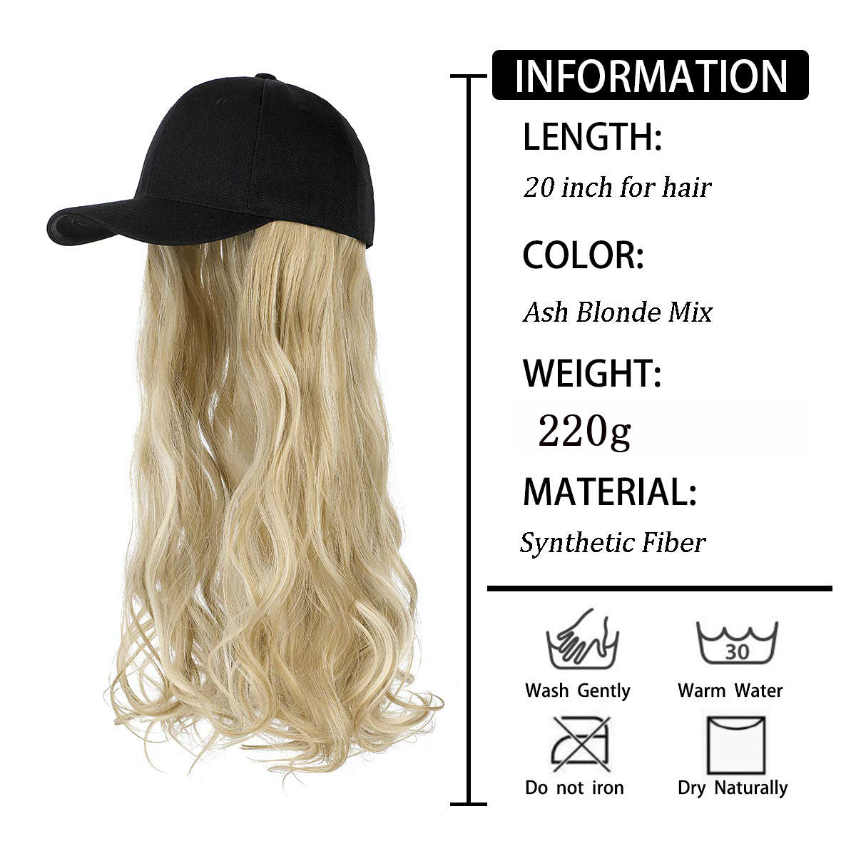 Långt vågigt lockigt hår Peruk Keps Naturlig integrerad basebollkeps Peruk i svart, blond och brun