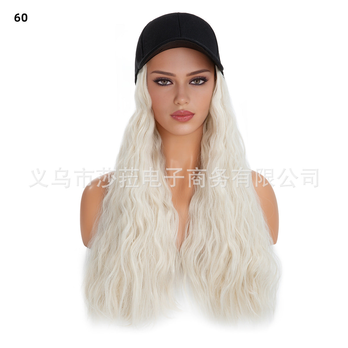 Women&#39;s Corn Wave Curly Hair Wig with Black Baseball Cap, Mid-Length Voluminous Synthetic Hair Hat Wig Combo