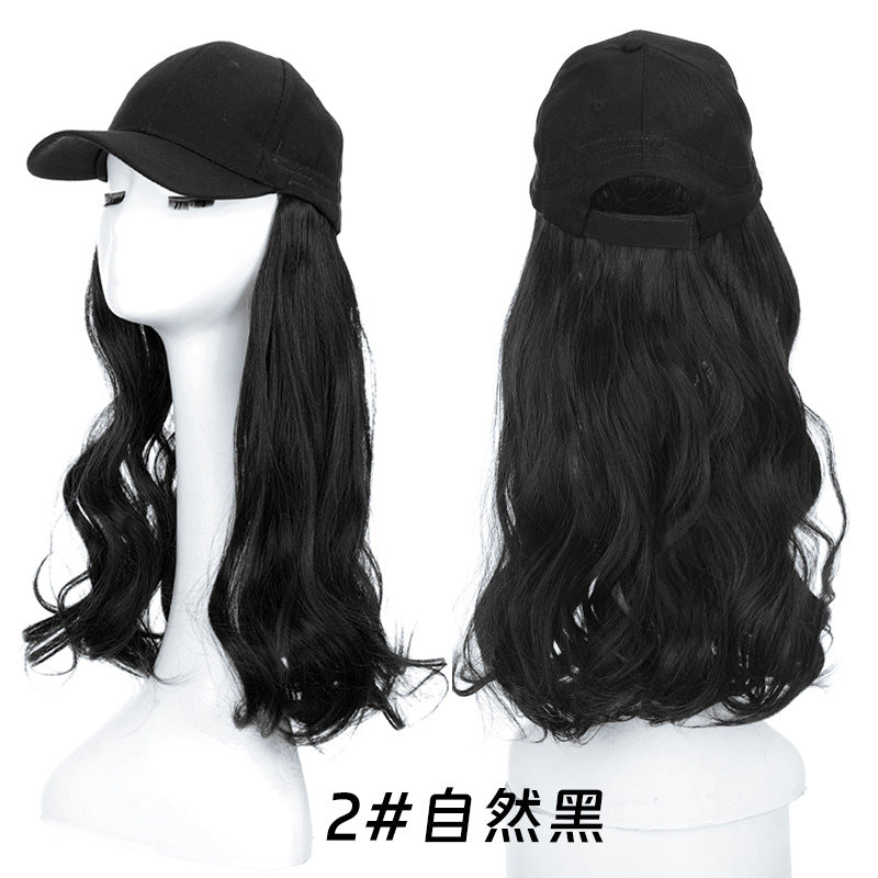 Long Wavy Curly Hair Wig Cap Natural Integrated Baseball Cap Wig in Black, Blonde, and Brown