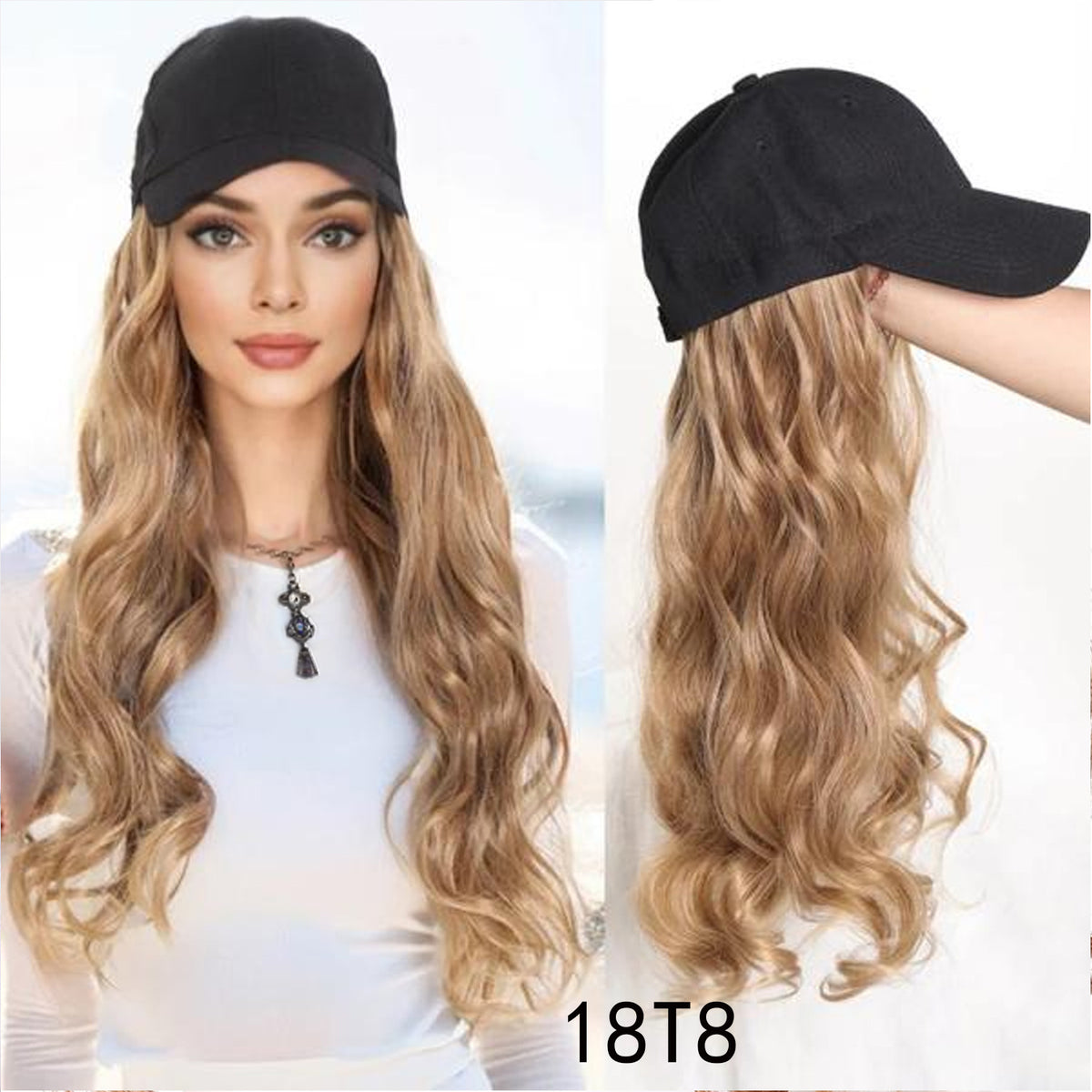 Long Wavy Curly Hair Wig Cap Natural Integrated Baseball Cap Wig in Black, Blonde, and Brown