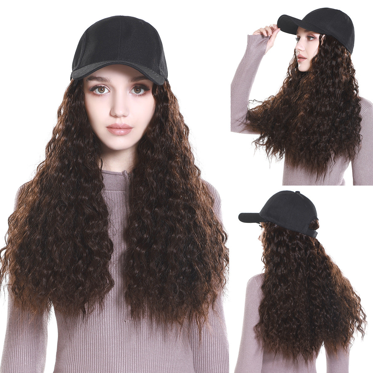 Parrucca da donna con capelli ricci ondulati con berretto da baseball nero, parrucca con cappello sintetico voluminoso di media lunghezza