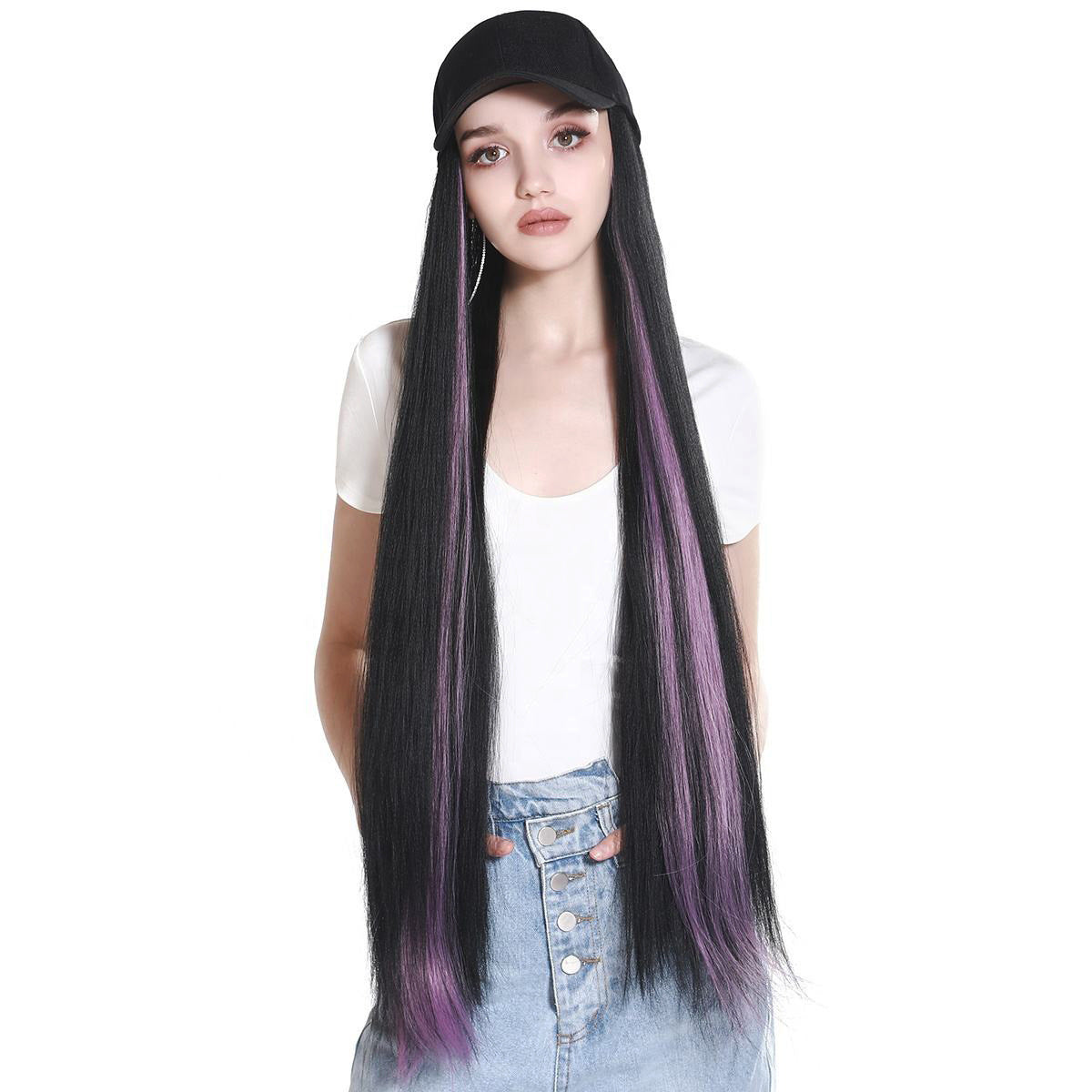 Black and Purple Ombre Long Straight Hair Wig with Knit Beanie Cap, Synthetic Full Head Hairpiece for Women