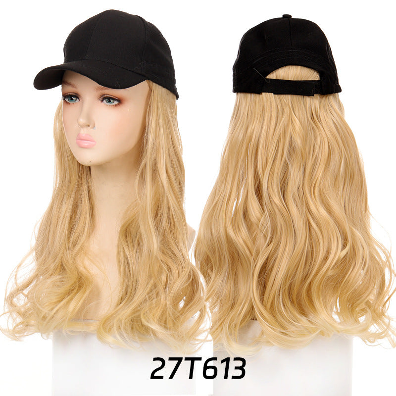 Long Wavy Curly Hair Wig Cap Natural Integrated Baseball Cap Wig in Black, Blonde, and Brown