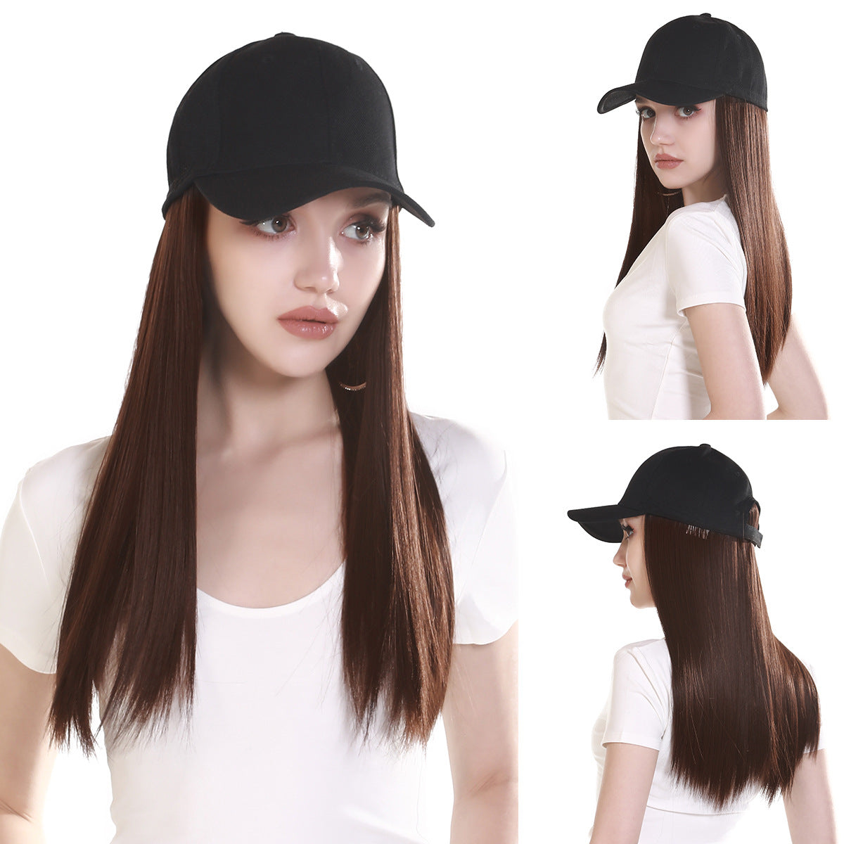 Perruque de cheveux synthétiques longue et droite pour femme avec casquette de baseball, postiche tête complète intégrée, aspect naturel - casquette noire, cheveux bruns