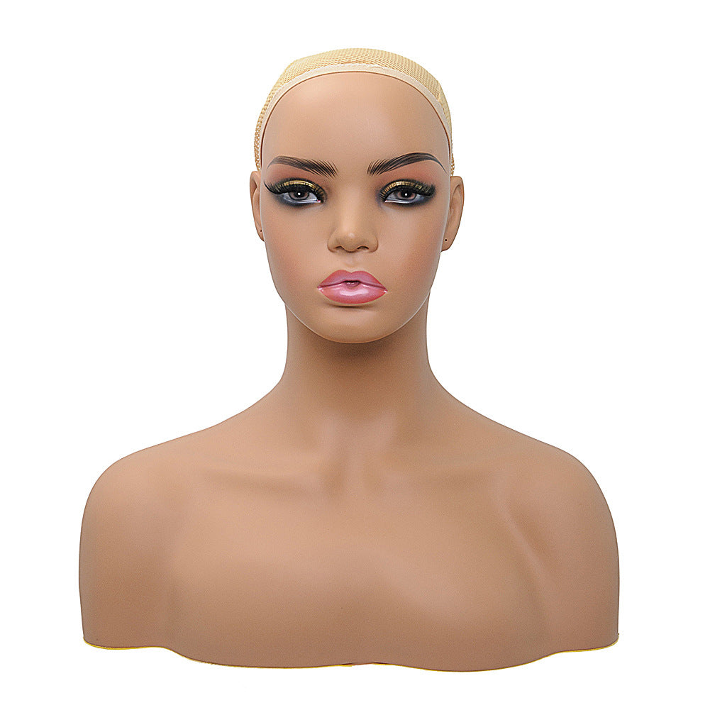 Mannequin Wig Head with Shoulders, Hat, and Earrings