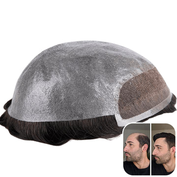 Męski tupet z cienką bazą z poliuretanu i frontem z francuskiej koronki | Trwały system włosów dla mężczyzn