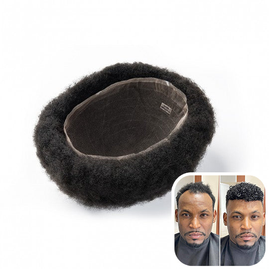 Tupé afro afroamericano para hombres | Sistemas de cabello rizado afro con base de encaje completo