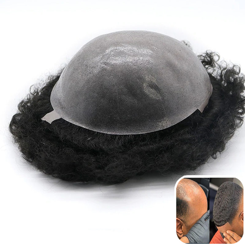 Slitesterk afro afroamerikansk tupé for menn | Full Poly Skin Knotted Base Afro Curl-hårstykker