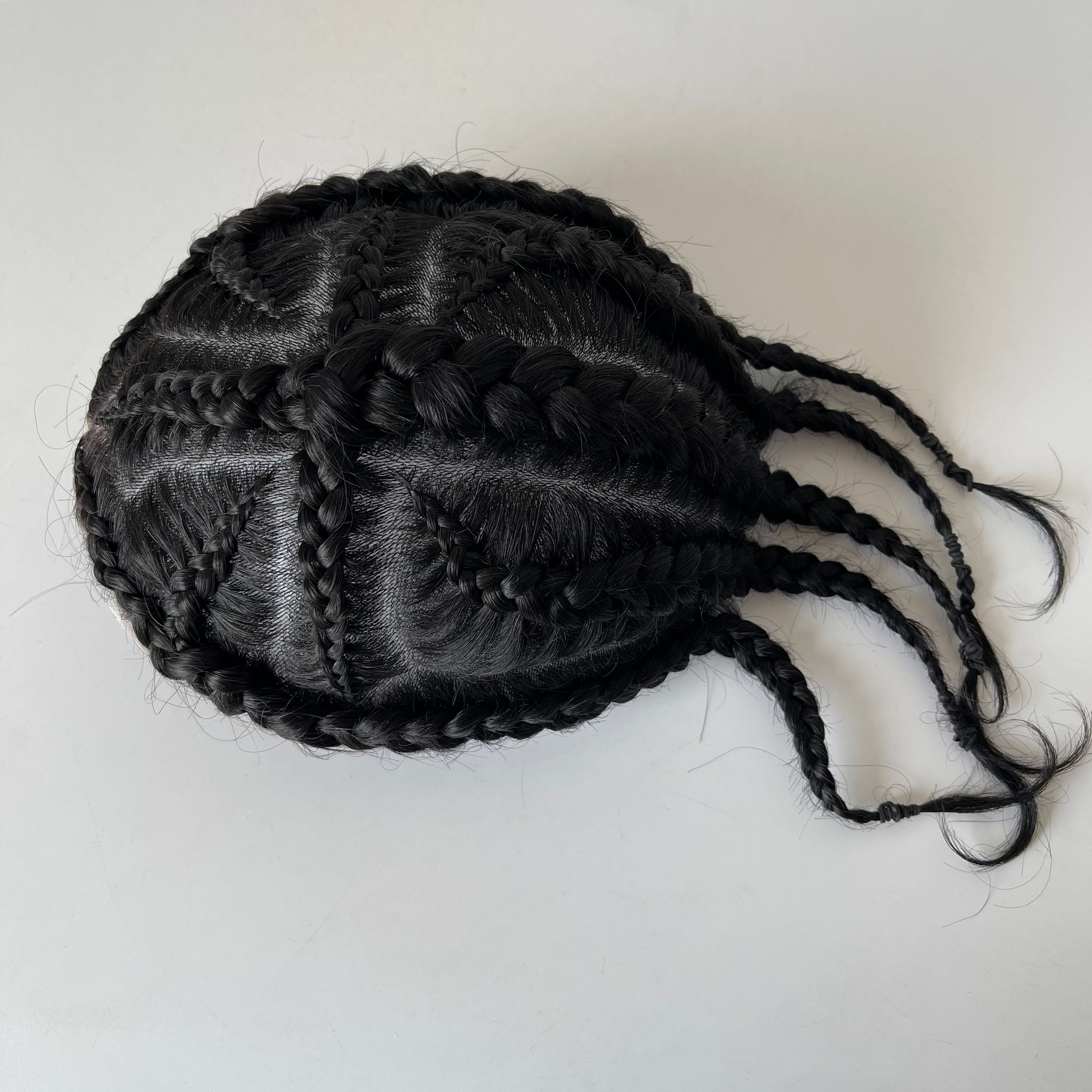 Tupé de trenzas africanas (cornrow) de cabello humano virgen brasileño Cross of God con encaje frontal – Color negro #1, base de poliuretano de 8x10 para hombres afrodescendientes