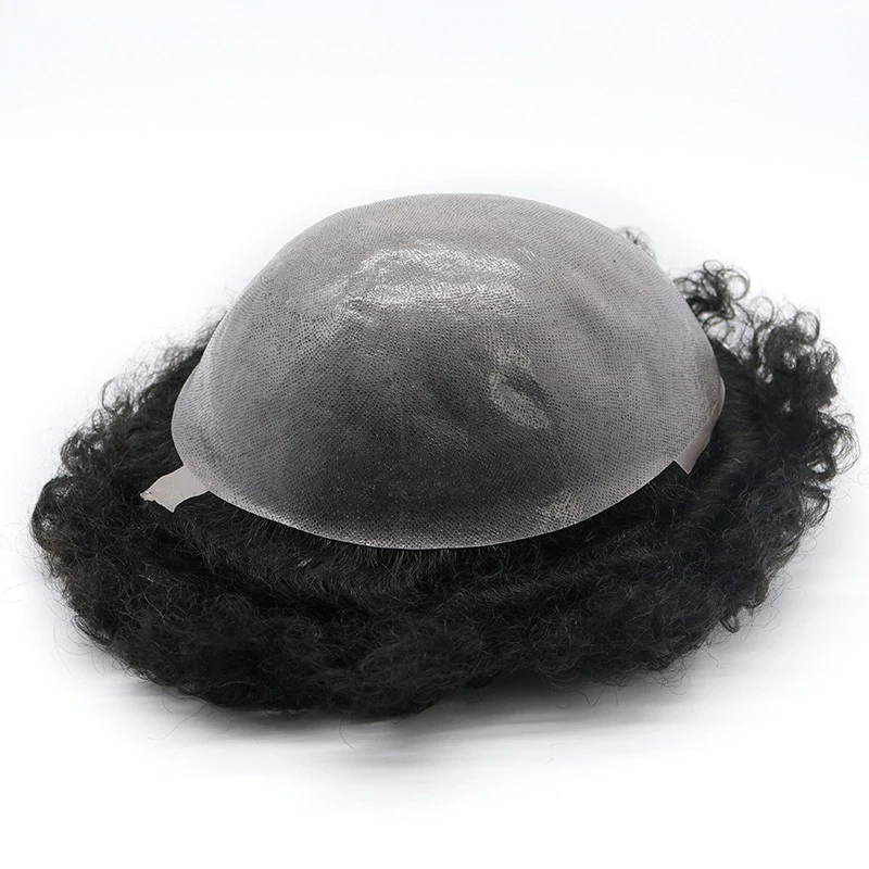 Duurzaam afro African American toupet voor mannen | Volledig poly skin geknoopte basis afro krul haarstukken